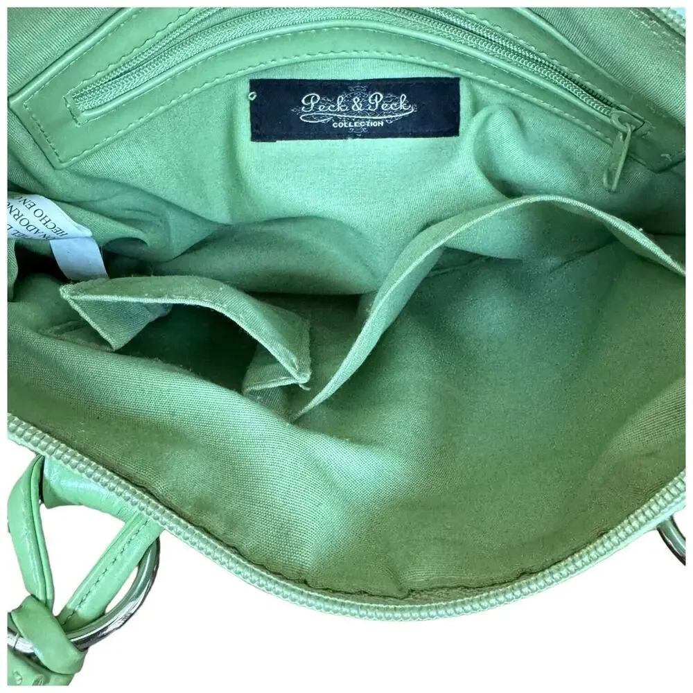 Peck & Peck Womens Satchel Handbag Green Leather Dual Handle Inner Pockets Zip